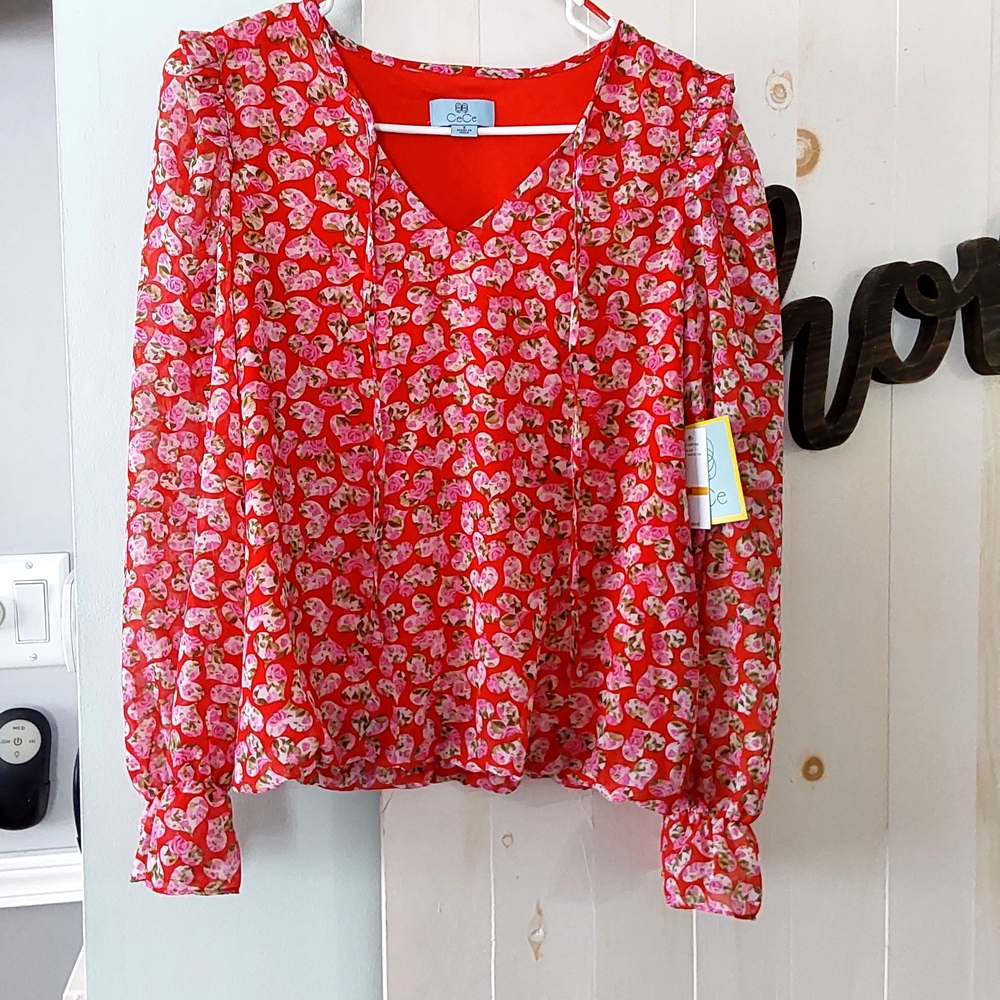 CeCe Floral Red and Pink Blouse